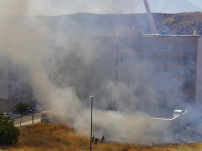 Los bomberos durante al extinción de la zona quemada. (Foto: LA VOZ DEL TAJO.)