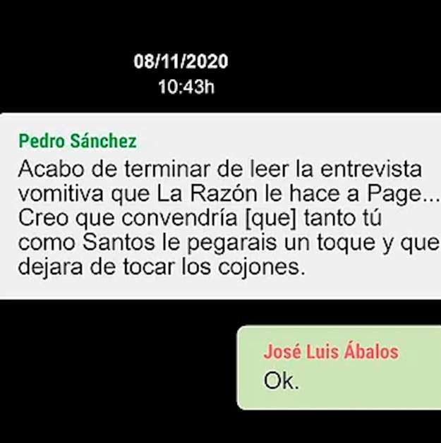 Los WhatsApps de Pedro Sánchez a Ábalos: 'Que Page deje de tocar los cojones'