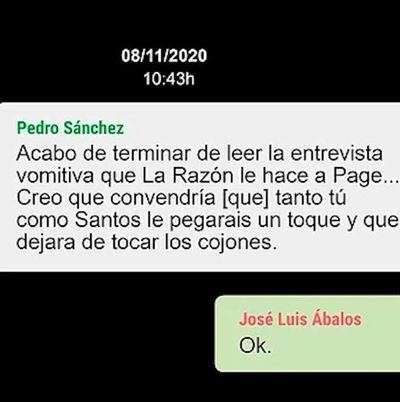Los WhatsApps de Pedro Sánchez a Ábalos: "Que Page deje de tocar los cojones"