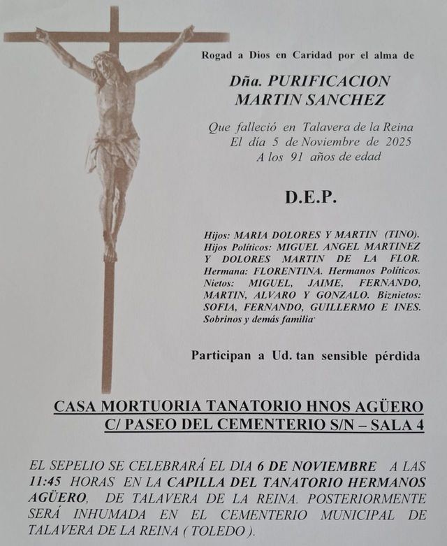 Fallece Purificación Martín Sánchez, madre de Tino Muñoz , expresidente del Talavera CF