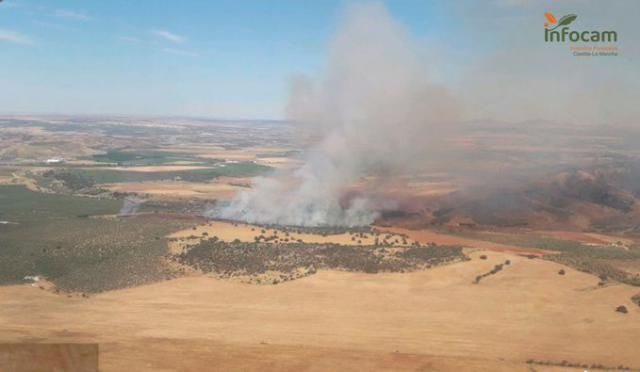 Medios aéreos y terrestres luchan contra el fuego en El Carpio de Tajo