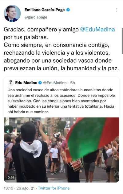El tuit de Page contra ETA y el apoyo a Eduardo Madina