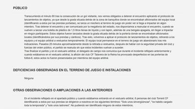 El acta de Aranda Delgado recoge la polémica del Torrent-Talavera: graves insultos, invasión y lanzamiento de objetos