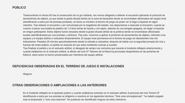 El acta de Aranda Delgado recoge la polémica del Torrent-Talavera: graves insultos, invasión y lanzamiento de objetos