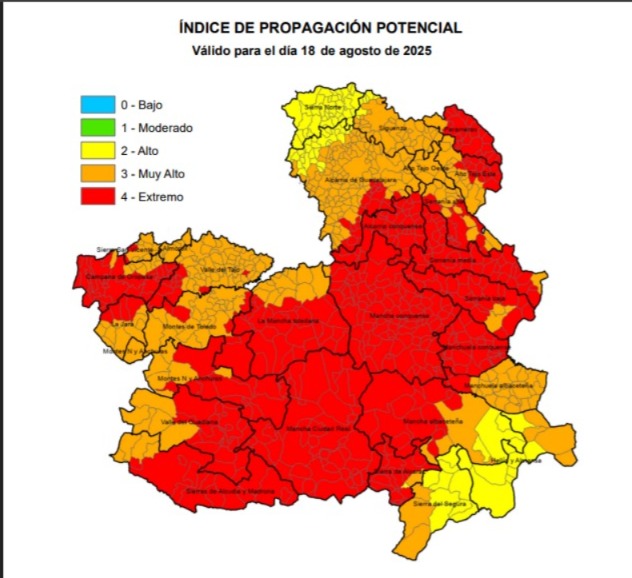 Castilla-La Mancha declara episodio de riesgo excepcional por incendio forestal los días 18 y 19 de agosto