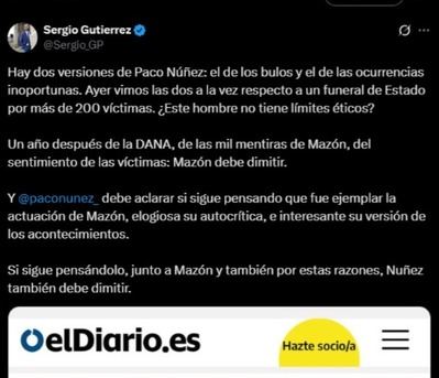 Sergio Gutiérrez exige la dimisión de Mazón y de Paco Núñez por su “falta de ética” y sus elogios a la gestión de la DANA