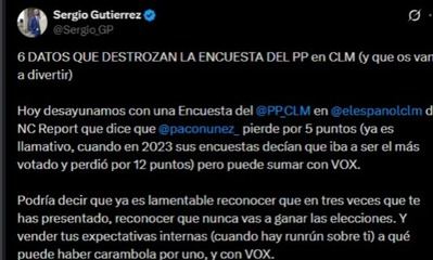 Sergio Gutiérrez carga contra una encuesta del PP en CLM: "Si corregimos las cosas raras, Page consigue mayoría absoluta"